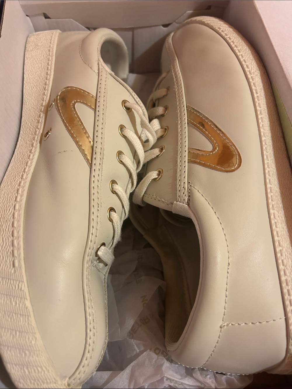 Women’s White Leather Lace-Up Sneakers with Gold Accent Detail